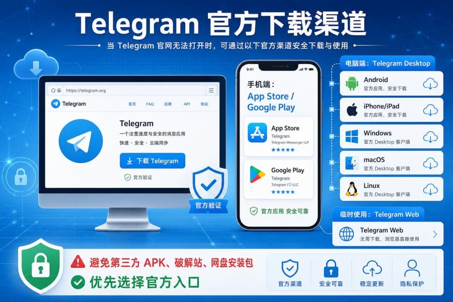 Telegram 官方下载页面和应用商店入口