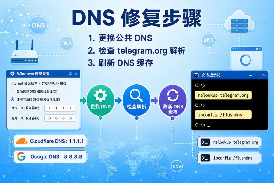 Windows 检查 Telegram 官网 DNS 解析