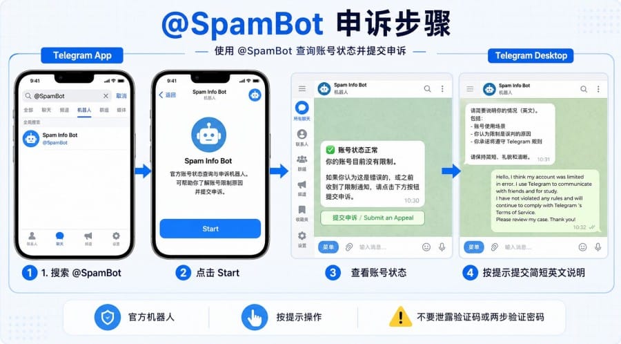 Telegram 账号被限制怎么办?官网受限原因、@SpamBot 申诉与恢复建议 配图 1