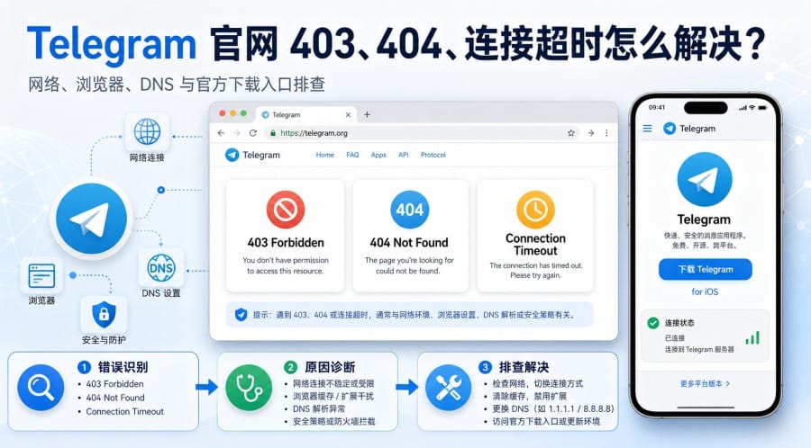Telegram 官网出现 403、404 或连接超时:原因与排查方法