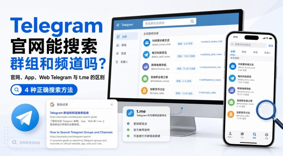 Telegram 官网能搜索群组和频道吗?4 种查找方法与入口区别